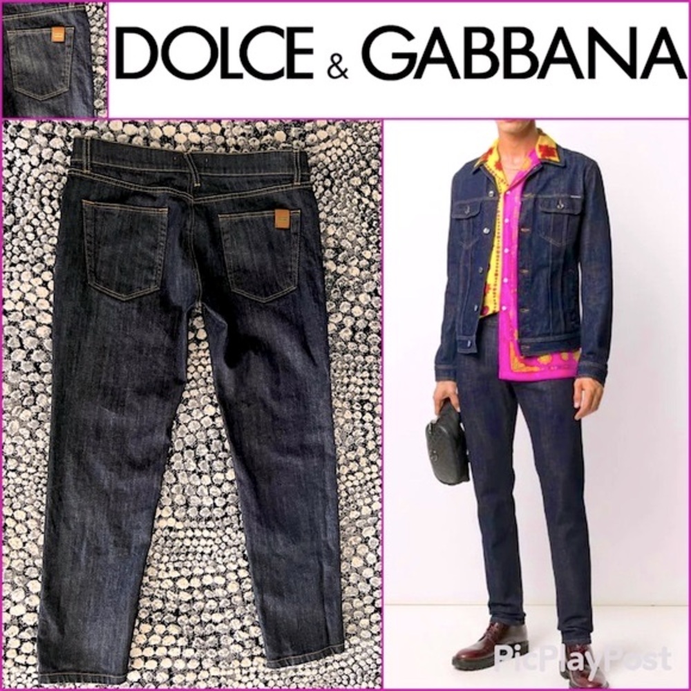 DOLCE & GABBANA Logo Gold Line Stretch Denim JEANS Dark Rinse Straight Leg